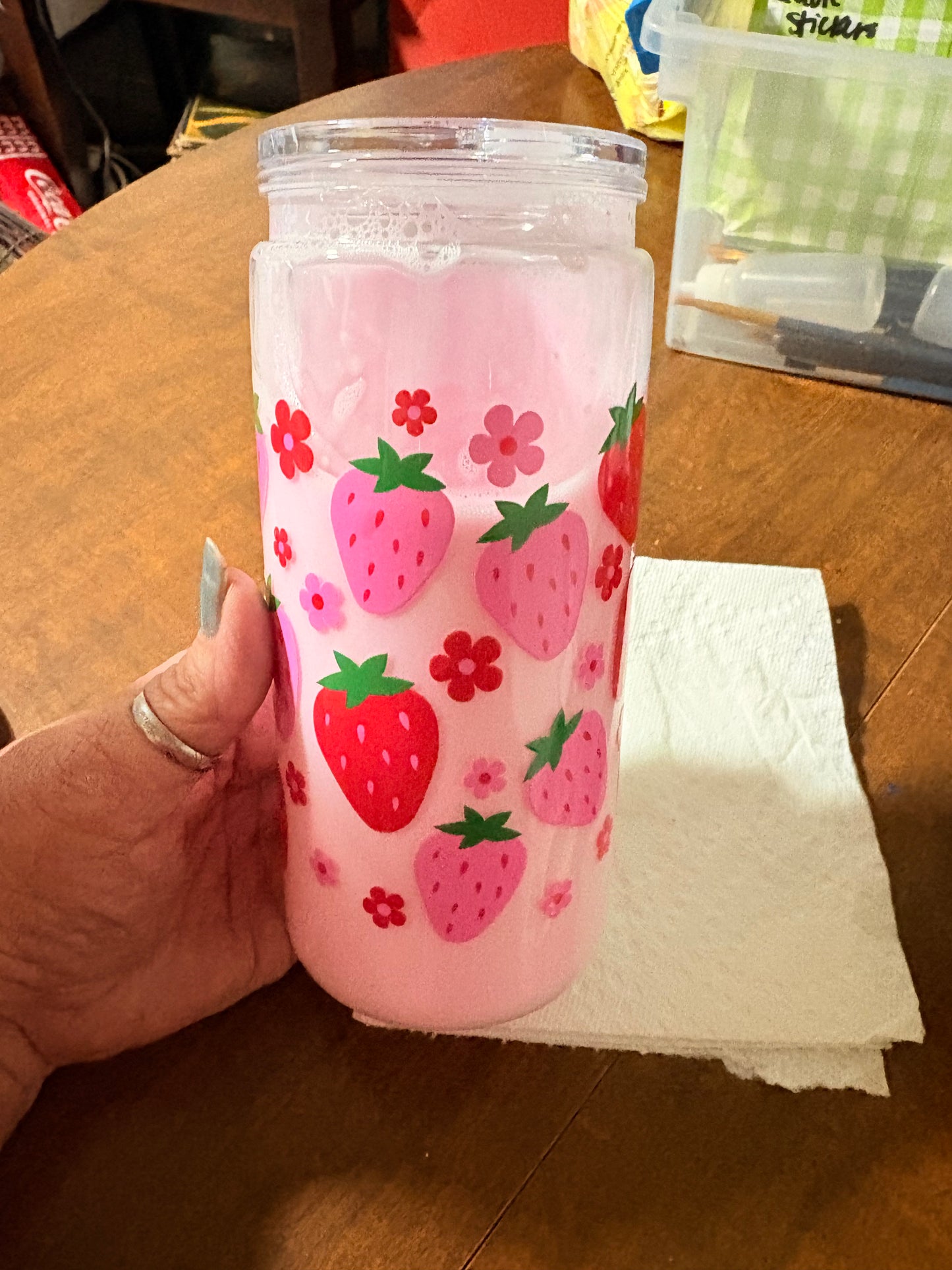 16 oz premade Strawberry milk/strawberries cup